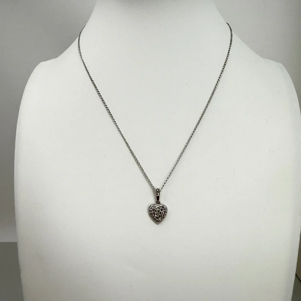 Sterling‎ Silver Marcasite Heart Necklace Pavé Pendant Minimalist Feminine